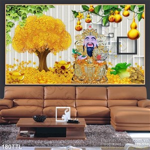 Tranh 3D thần tài và cây tiền vàng đẹp