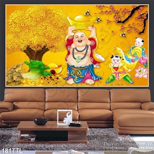 Tranh in 3D cây tiền vàng và Phật Di Lặc mới nhất