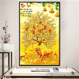 Tranh psd cây tiền vàng và Trâu vàng in lịch Tết