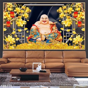 Tranh in 3D Phật Di Lặc và tiền vàng đẹp