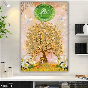 Tranh in 3d thư pháp chữ Phúc và tiền vàng