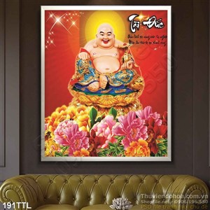 Tranh psd Phật Di Lặc và thư pháp Tài Đức