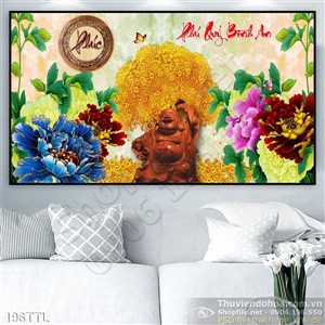 Tranh in uv Phật Di Lặc và hoa mẫu đơn psd