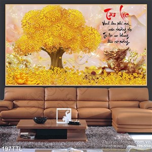 Tranh thư pháp cây tiền vàng psd