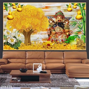 Tranh 3D thần tài và cây tiền vàng in uv