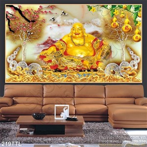 Tranh psd Phật Di Lặc và hoa đào nghệ thuật