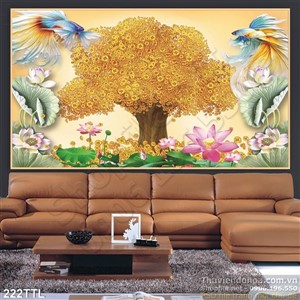 Tranh psd điêu khắc cây tiền vàng và cá beta