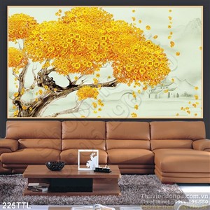 Tranh in uv cây tiền vàng nền đá phong thủy