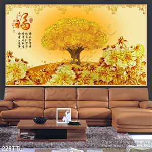 Tranh psd thư pháp cây tiền vàng nghệ thuật