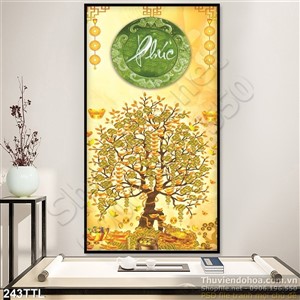 Tranh psd điêu khắc chữ Phúc và cây tiền vàng