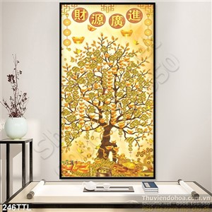 Tranh decor khổ dọc cây tiền vàng psd