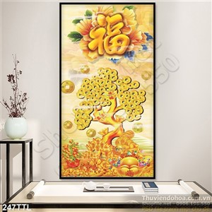 Tranh in 3D cây tiền vàng phong thủy trang trí Tết