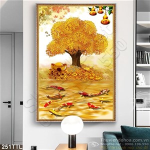 Tranh psd khổ dọc cây tiền vàng nghệ thuật