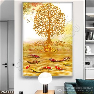 Tranh psd phong thủy cây tiền vàng và cá Koi