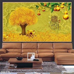 Tranh thư pháp cây tiền vàng và hồ lô psd