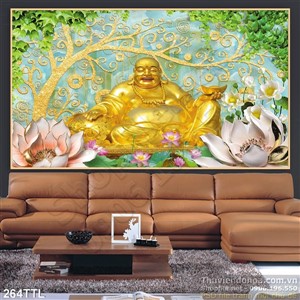 Tranh psd tượng Phật Di Lặc bằng vàng nền đá phong thủy