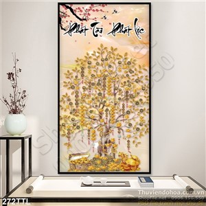 Tranh thư pháp tài lộc cây tiền vàng psd