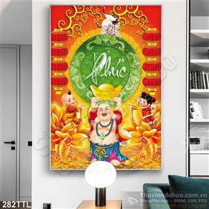 Tranh psd Phật Di Lặc và thư pháp chữ Phúc