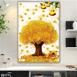 Tranh decor khổ dọc cây tiền vàng