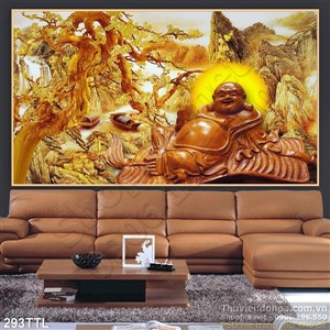 Tranh psd tượng Phật Di Lặc bằng gỗ nghệ thuật