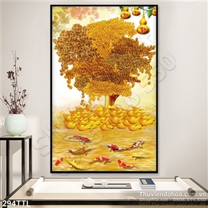 Tranh cây tiền vàng phong thủy và cá Koi psd