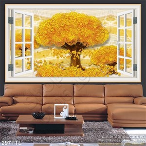 Tranh psd cửa sổ cây tiền vàng nghệ thuật