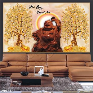 Tranh psd tượng Phật Di Lặc gỗ và cây tiền vàng