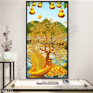 Tranh psd cây tiền vàng và quả hồ lô in 3d