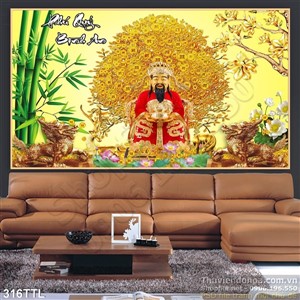 Tranh thần tài và cây tre psd