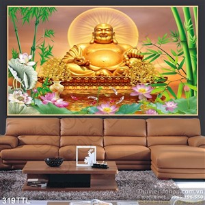 Tranh psd tượng Phật Di Lặc và hoa Sen