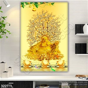 Tranh decor cây tiền vàng và Phật Di Lặc psd