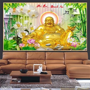 Tranh thư pháp tượng Phật Di Lặc vàng decor đẹp