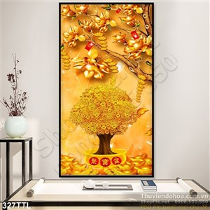 Tranh khổ dọc cây tài lộc và hoa Mộc Lan psd