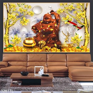 Tranh in uv hoa Mộc Lan vàng và Phật Di Lặc