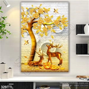Tranh psd hươu vàng và cây Mai in uv