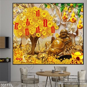 Tranh in uv tượng Phật Di Lặc và cây tài lộc