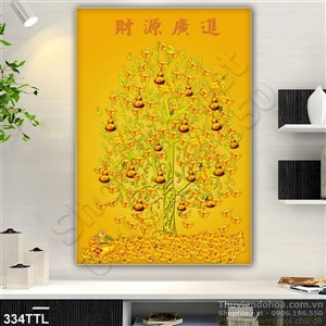 Tranh psd khổ dọc cây tiền vàng in 3D