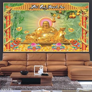 Tranh psd thư pháp tượng Phật Di Lặc trang trí Tết