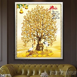 Tranh in 3D cây tiền vàng thư pháp chữ Phúc