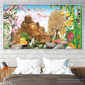 Tranh decor tượng Phật Di Lặc và hoa Đào