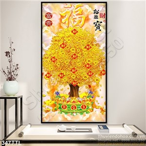 Tranh psd cây tiền vàng thư pháp phong thủy