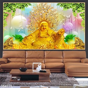 Tranh psd Phật Di Lặc bằng vàng và cây tiền vàng