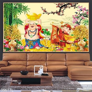 Tranh psd Phật Di Lặc và thần tài phong thủy