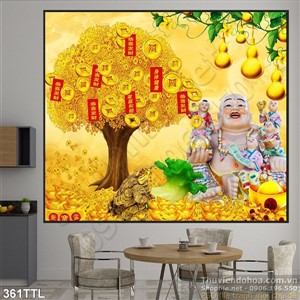 Tranh tượng Phật Di Lặc và cây tiền vàng nghệ thuật psd