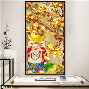 Tranh khổ dọc Phật Di Lặc và hoa Mộc Lan psd