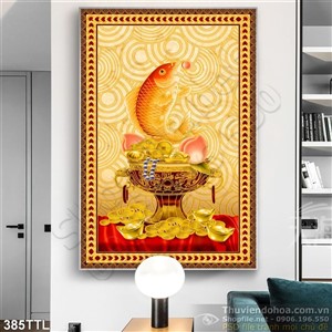 Tranh wall cá chép và hòn ngọc 3d