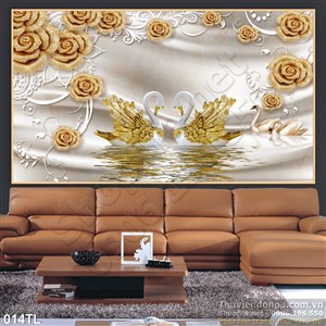 Tranh lụa 3D hoa hồng và thiên nga