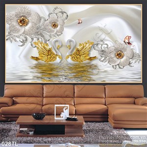 Tranh lụa 3D hoa mai và thiên nga