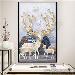 Tranh lụa 3D hươu treo tường đẹp