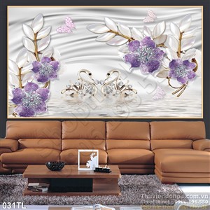 Tranh lụa 3D hoa và thiên nga